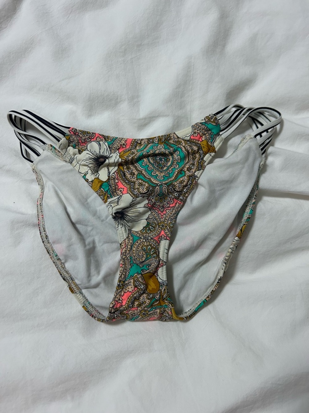Floral Paisley Bikini Bottom with Striped Side Straps